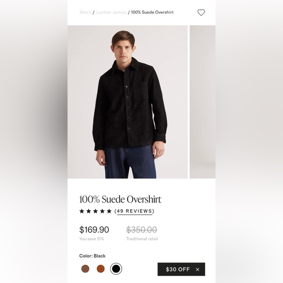 NWT Quince 100% Goat Suede Leather Overshirt Black Men Size Small - Picture 6 of 9